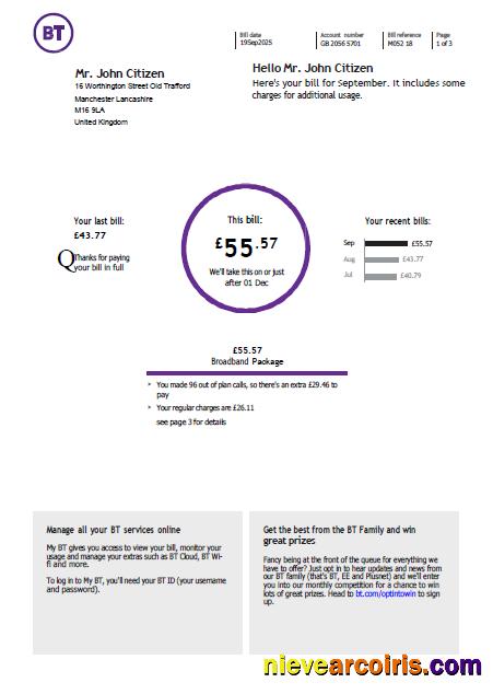 United Kingdom BT utility bill